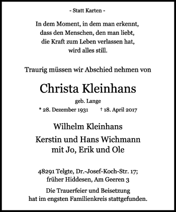 Anzeige  Christa Kleinhans  Lippische Landes-Zeitung