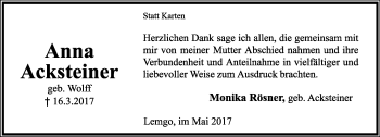 Anzeige  Anna Acksteiner  Lippische Landes-Zeitung