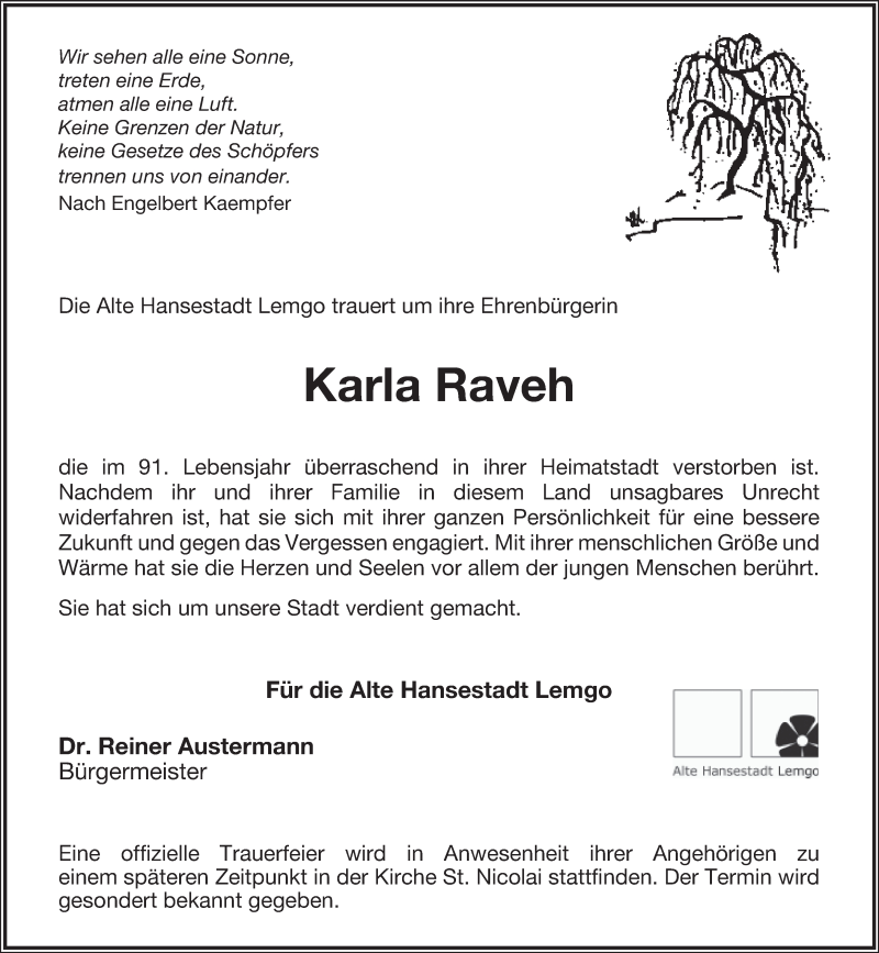  Traueranzeige für Karla Raveh vom 29.05.2017 aus Lippische Landes-Zeitung