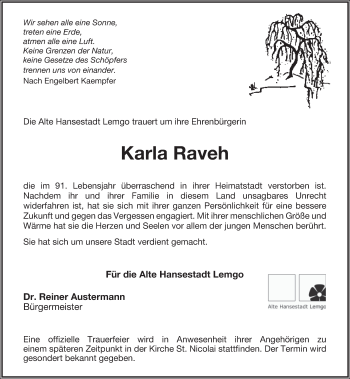 Anzeige  Karla Raveh  Lippische Landes-Zeitung