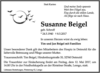 Anzeige  Susanne Beigel  Lippische Landes-Zeitung