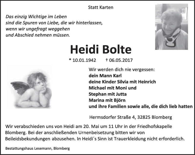  Traueranzeige für Heidi Bolte vom 13.05.2017 aus Lippische Landes-Zeitung