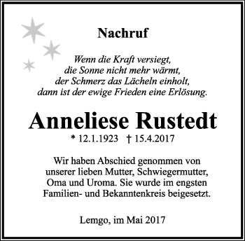 Anzeige  Anneliese Rustedt  Lippische Landes-Zeitung