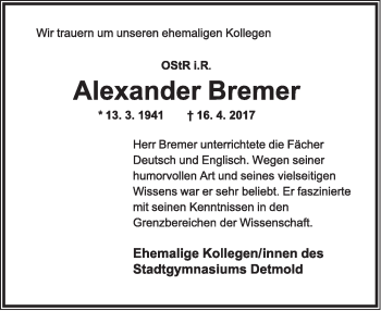 Anzeige  Alexander Bremer  Lippische Landes-Zeitung