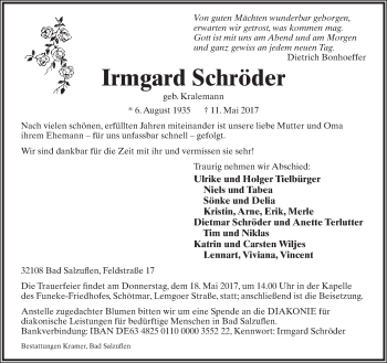 Anzeige  Irmgard Schröder  Lippische Landes-Zeitung
