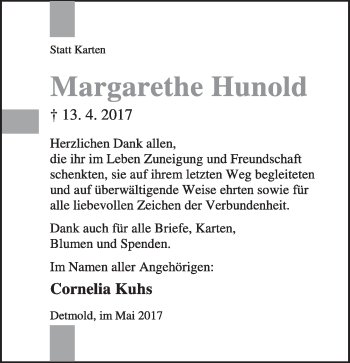 Anzeige  Margarethe Hunold  Lippische Landes-Zeitung