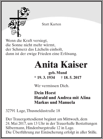 Anzeige  Anita Kaiser  Lippische Landes-Zeitung