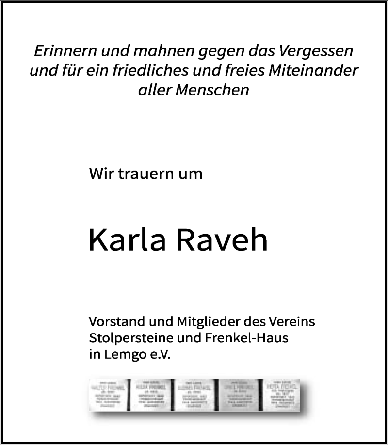  Traueranzeige für Karla Raveh vom 31.05.2017 aus Lippische Landes-Zeitung