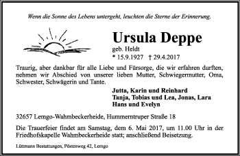 Anzeige  Ursula Deppe  Lippische Landes-Zeitung