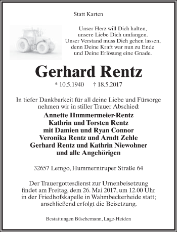 Anzeige  Gerhard Rentz  Lippische Landes-Zeitung