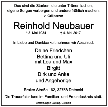 Anzeige  Reinhold Neubauer  Lippische Landes-Zeitung