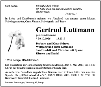 Anzeige  Gertrud Luttmann  Lippische Landes-Zeitung