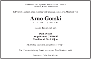 Anzeige  Arno Gorski  Lippische Landes-Zeitung