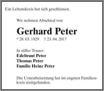 Anzeige  Gerhard Peter  Lippische Landes-Zeitung