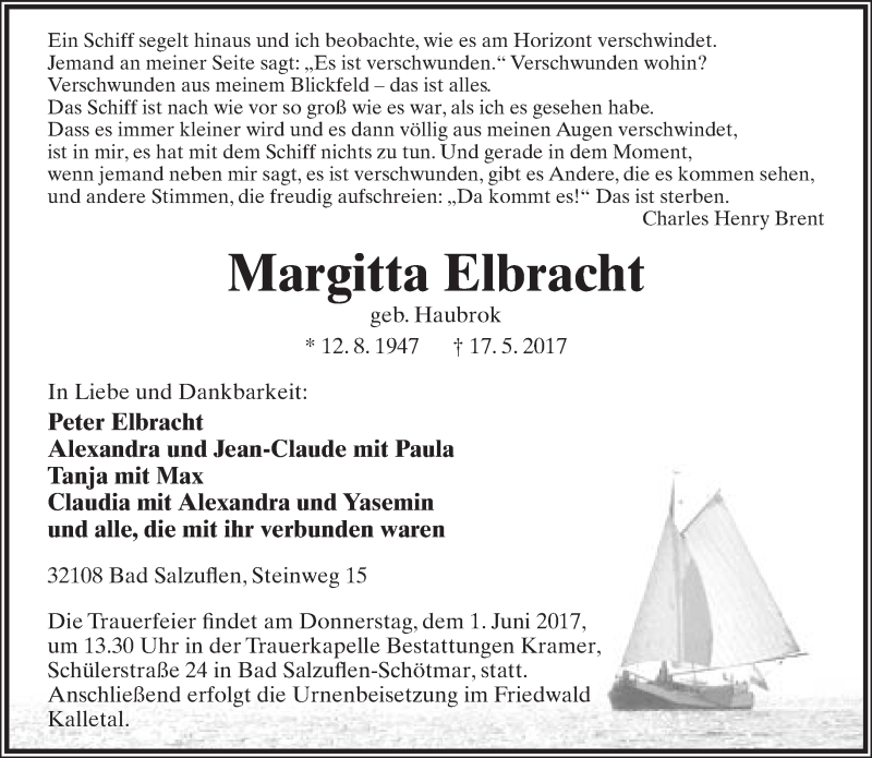  Traueranzeige für Margitta Elbracht vom 20.05.2017 aus Lippische Landes-Zeitung