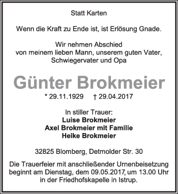 Anzeige  Günter Brokmeier  Lippische Landes-Zeitung
