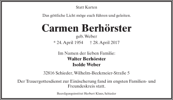 Anzeige  Carmen Berhörster  Lippische Landes-Zeitung