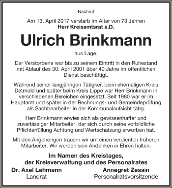 Anzeige  Ulrich Brinkmann  Lippische Landes-Zeitung