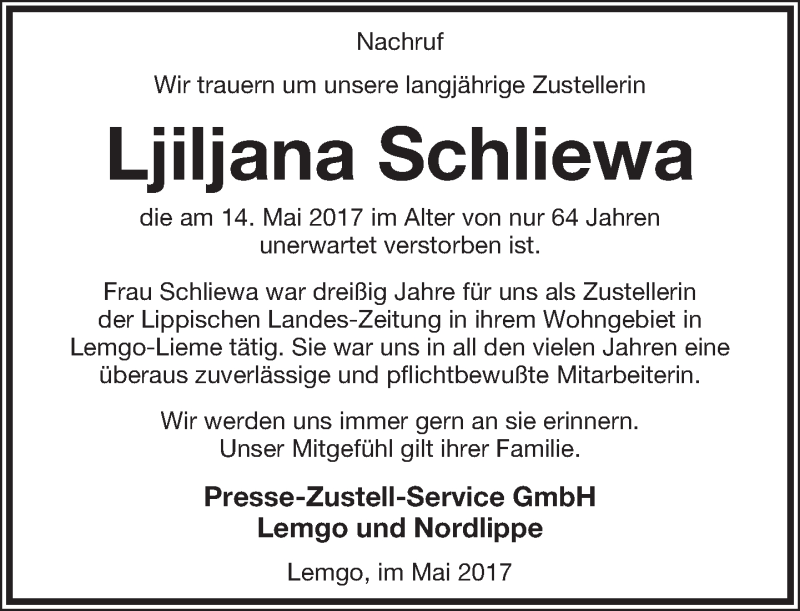  Traueranzeige für Ljiljana Schliewa vom 24.05.2017 aus Lippische Landes-Zeitung