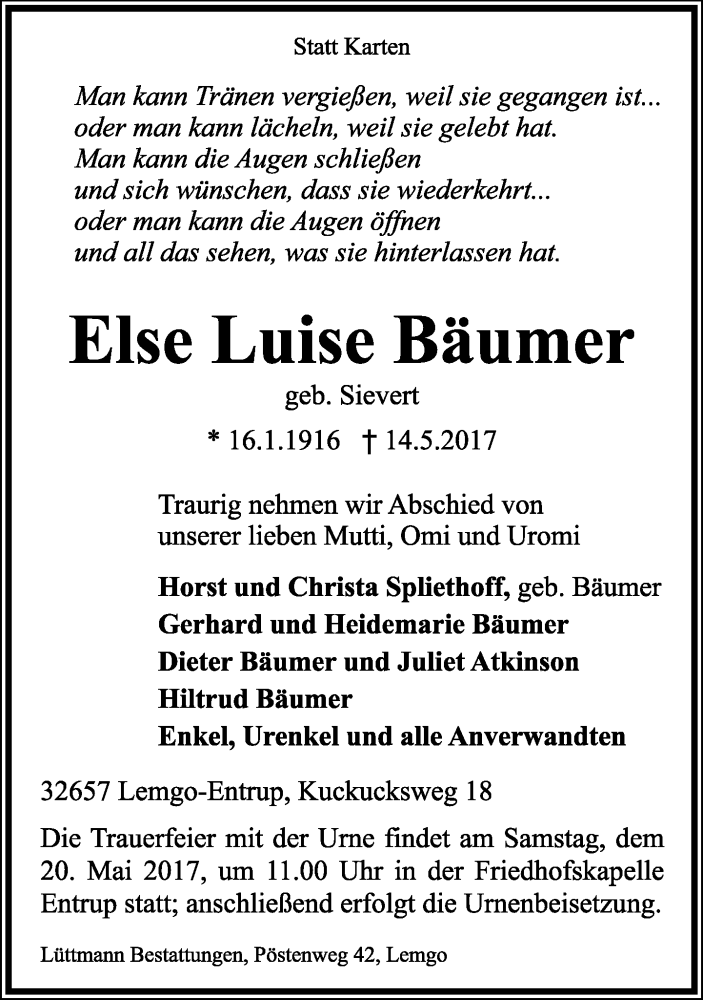  Traueranzeige für Else Luise Bäumer vom 17.05.2017 aus Lippische Landes-Zeitung