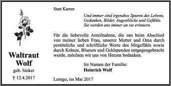 Anzeige  Waltraut Wolf  Lippische Landes-Zeitung