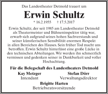 Anzeige  Erwin Schultz  Lippische Landes-Zeitung