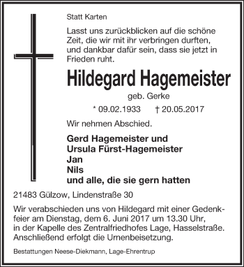Anzeige  Hildegard Hagemeister  Lippische Landes-Zeitung