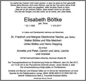 Anzeige  Elisabeth Böltke  Lippische Landes-Zeitung