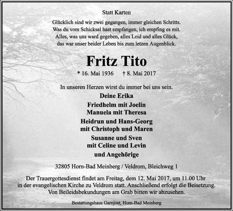  Traueranzeige für Fritz Tito vom 10.05.2017 aus Lippische Landes-Zeitung