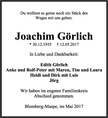 Anzeige  Joachim Görlich  Lippische Landes-Zeitung