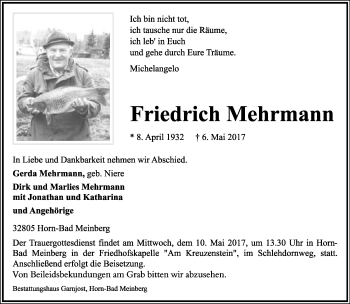Anzeige  Friedrich Mehrmann  Lippische Landes-Zeitung