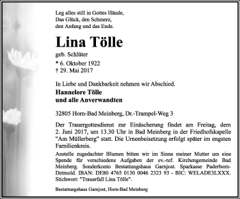 Anzeige  Lina Tölle  Lippische Landes-Zeitung