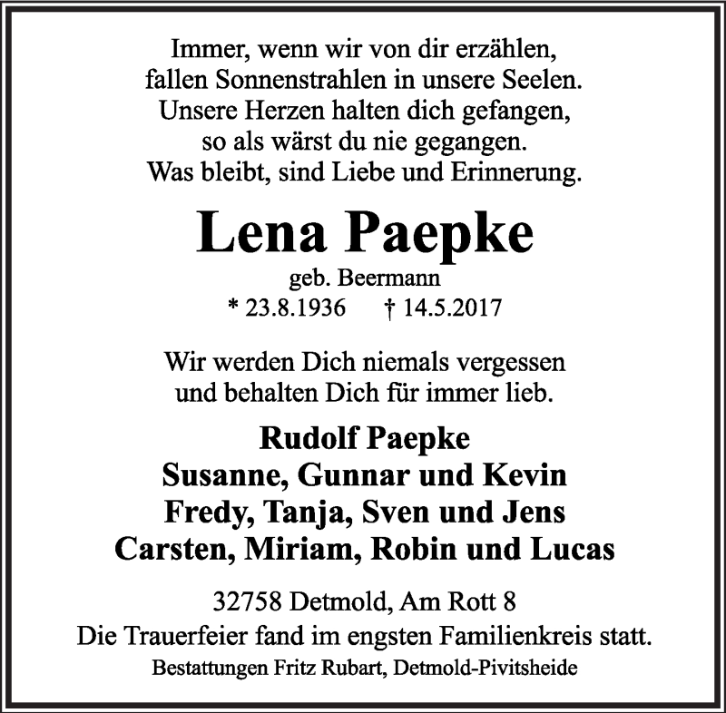  Traueranzeige für Lena Paepke vom 25.05.2017 aus Lippische Landes-Zeitung