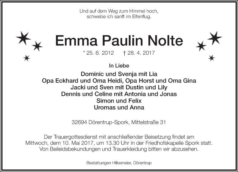  Traueranzeige für Emma Paulin Nolte vom 06.05.2017 aus Lippische Landes-Zeitung