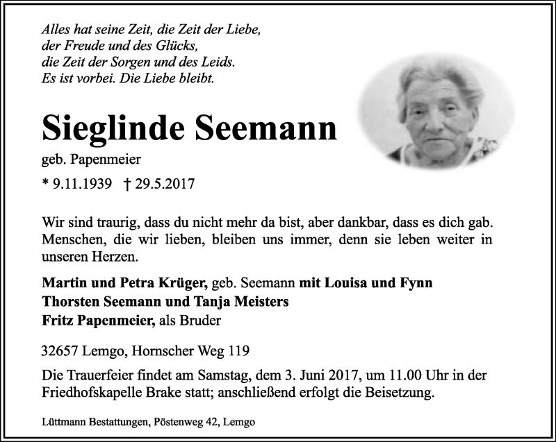  Traueranzeige für Sieglinde Seemann vom 31.05.2017 aus Lippische Landes-Zeitung