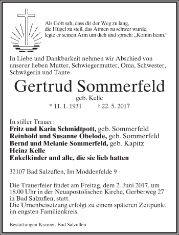 Anzeige  Gertrud Sommerfeld  Lippische Landes-Zeitung