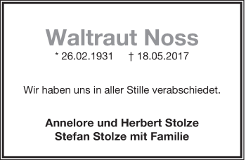 Anzeige  Waltraut Noss  Lippische Landes-Zeitung