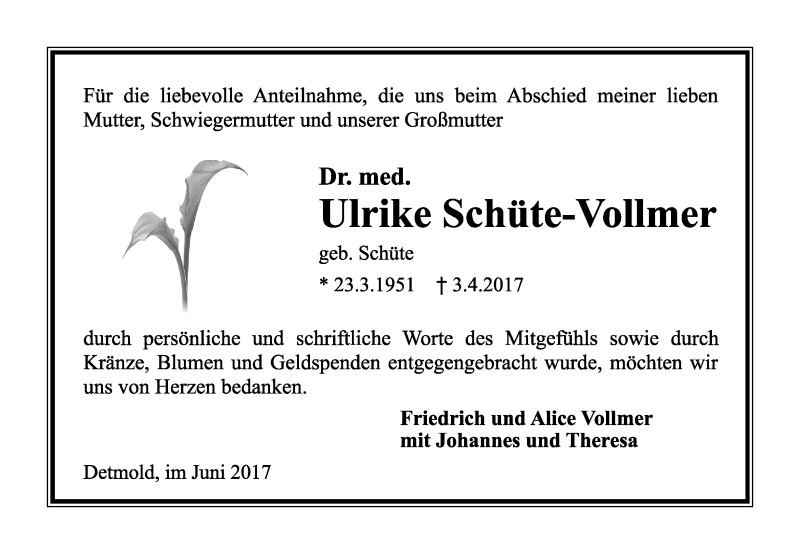  Traueranzeige für Ulrike Schüte-Vollmer vom 17.06.2017 aus Lippische Landes-Zeitung