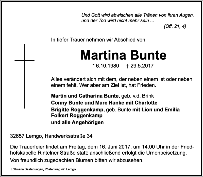  Traueranzeige für Martina Bunte vom 09.06.2017 aus Lippische Landes-Zeitung