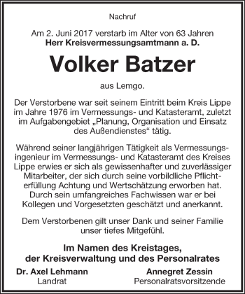 Anzeige  Volker Batzer  Lippische Landes-Zeitung
