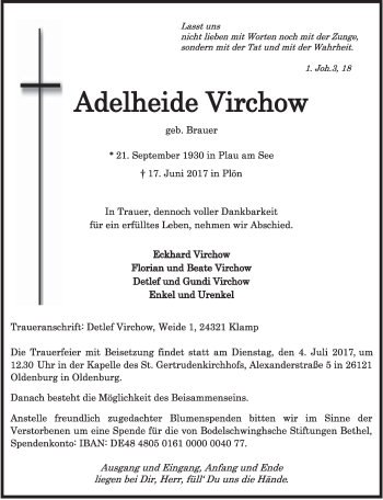 Anzeige  Adelheide Virchow  Lippische Landes-Zeitung