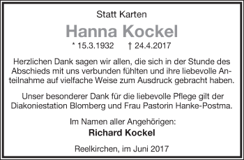 Anzeige  Hanna Kockel  Lippische Landes-Zeitung