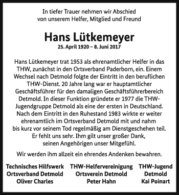 Anzeige  Hans Lütkemeyer  Lippische Landes-Zeitung