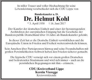 Anzeige  Helmut Kohl  Lippische Landes-Zeitung