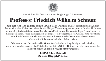 Anzeige  Friedrich Wilhelm Schnurr  Lippische Landes-Zeitung