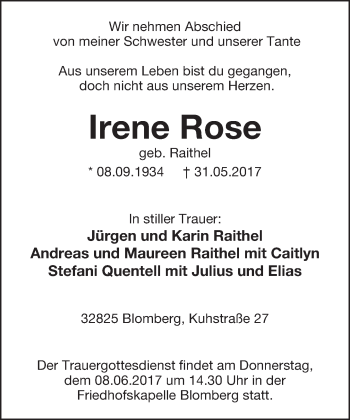 Anzeige  Irene Rose  Lippische Landes-Zeitung