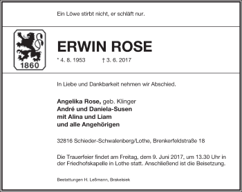 Anzeige  Erwin Rose  Lippische Landes-Zeitung
