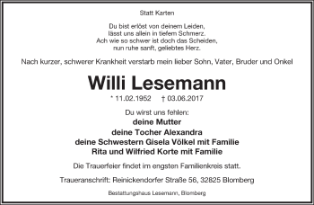 Anzeige  Willi Lesemann  Lippische Landes-Zeitung