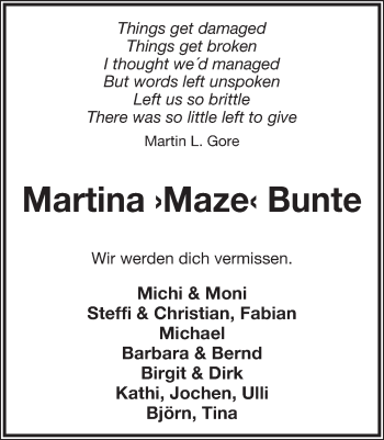 Anzeige  Martina Bunte  Lippische Landes-Zeitung