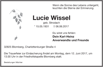 Anzeige  Lucie Wissel  Lippische Landes-Zeitung